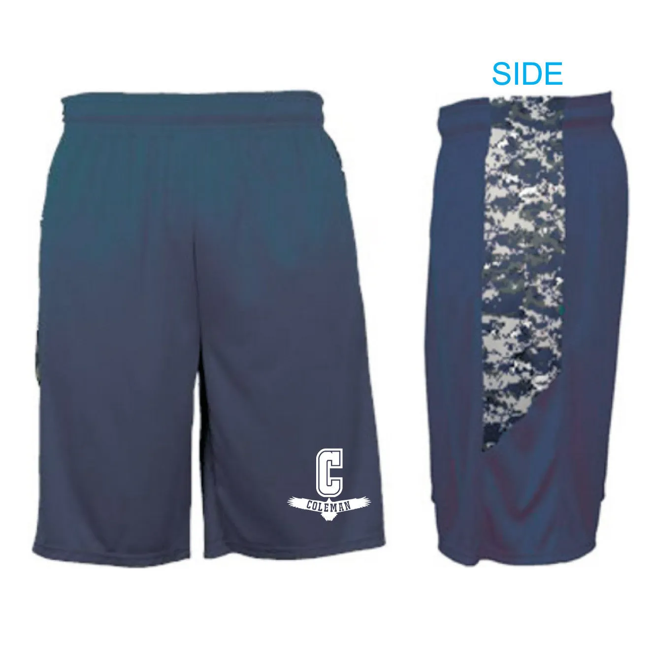 MOISTURE WICKING SHORTS w/ POCKETS /  NAVY w/ DIGITAL CAMO TRIM