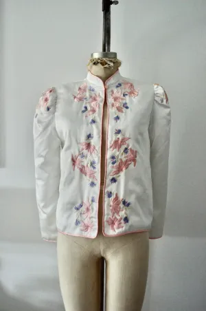 Off White Boho Cropped Puffer Sleeve Quilted Jacket Embroidery Retro Floral