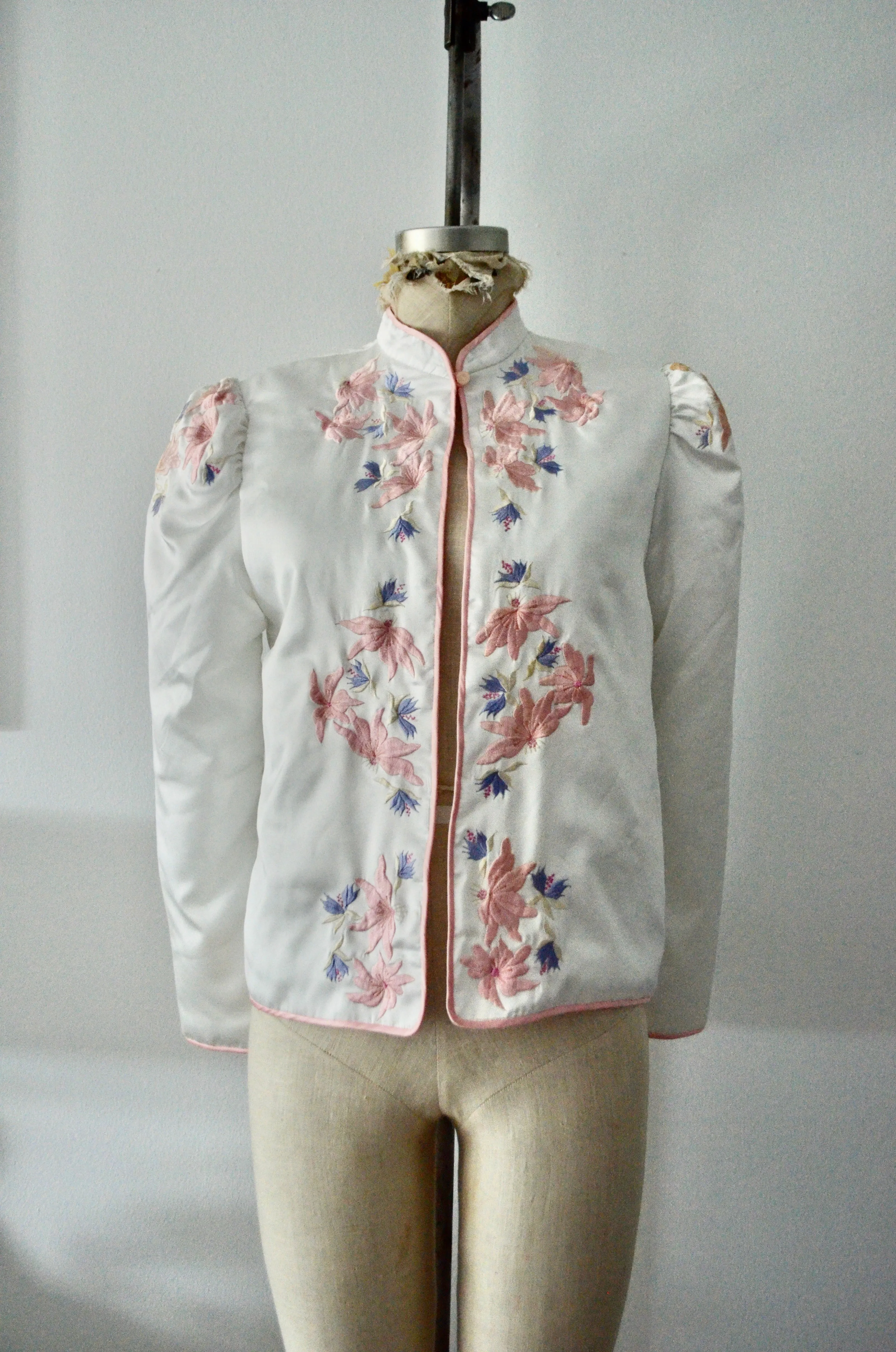 Off White Boho Cropped Puffer Sleeve Quilted Jacket Embroidery Retro Floral