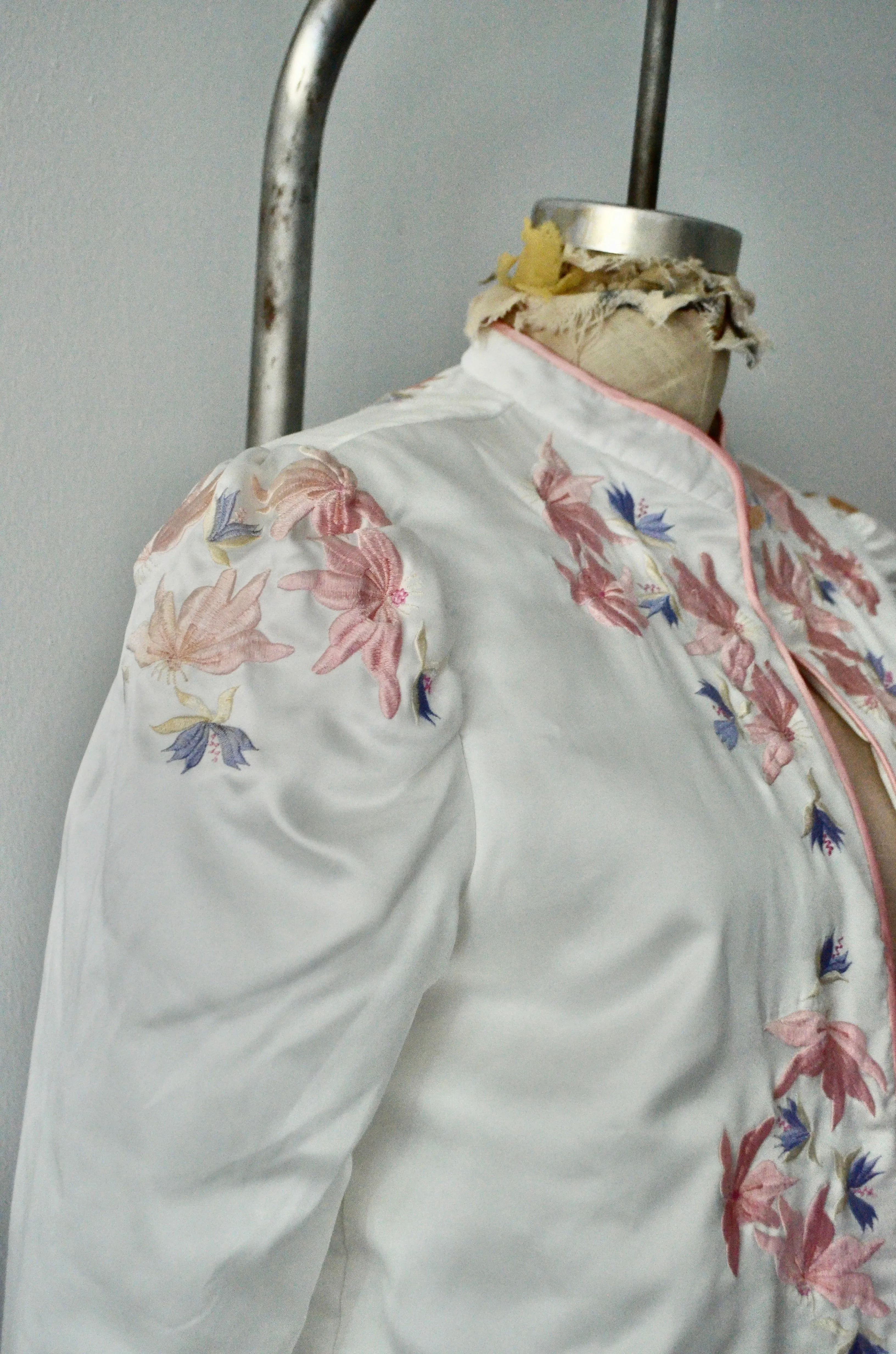 Off White Boho Cropped Puffer Sleeve Quilted Jacket Embroidery Retro Floral