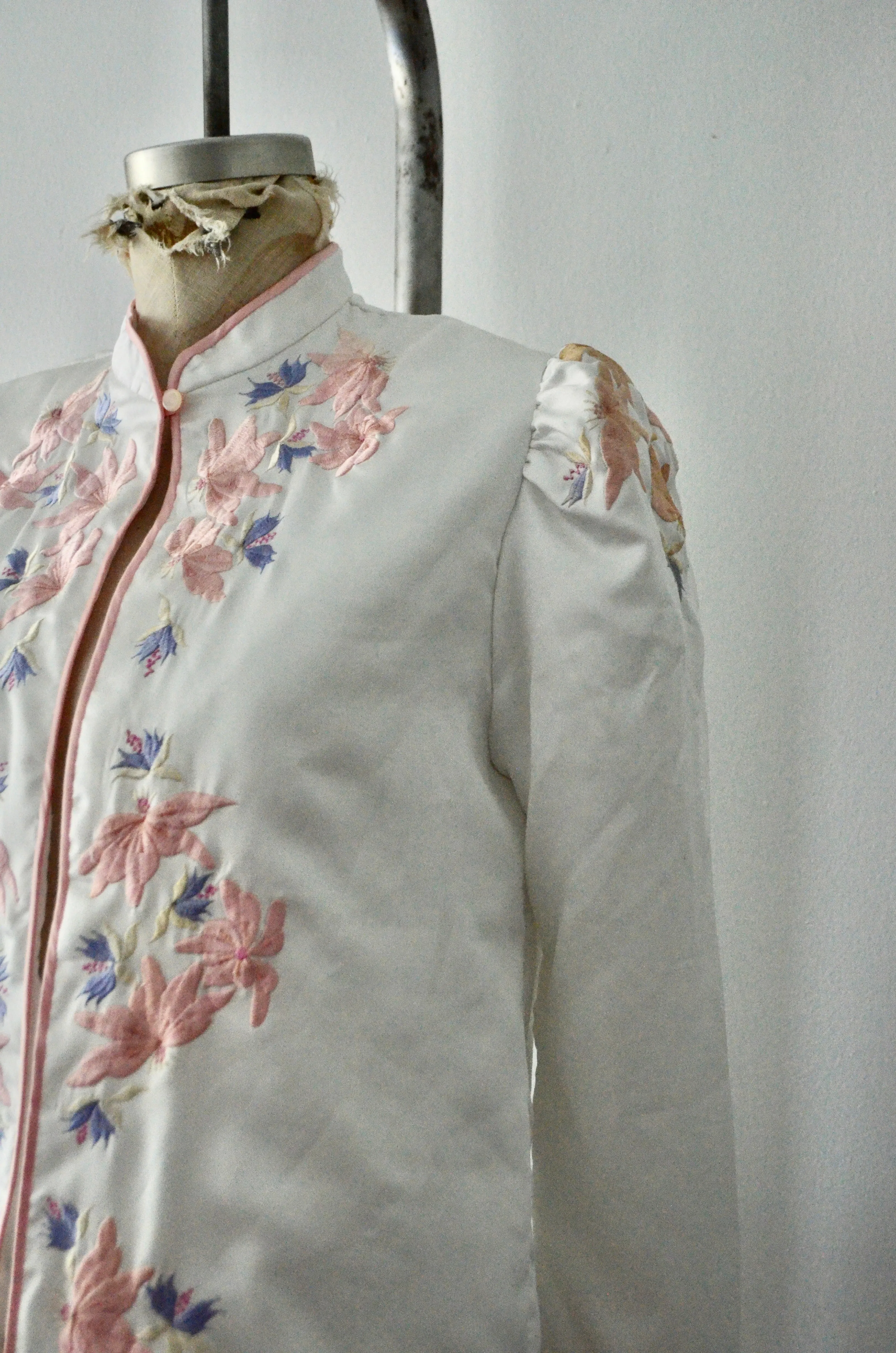 Off White Boho Cropped Puffer Sleeve Quilted Jacket Embroidery Retro Floral