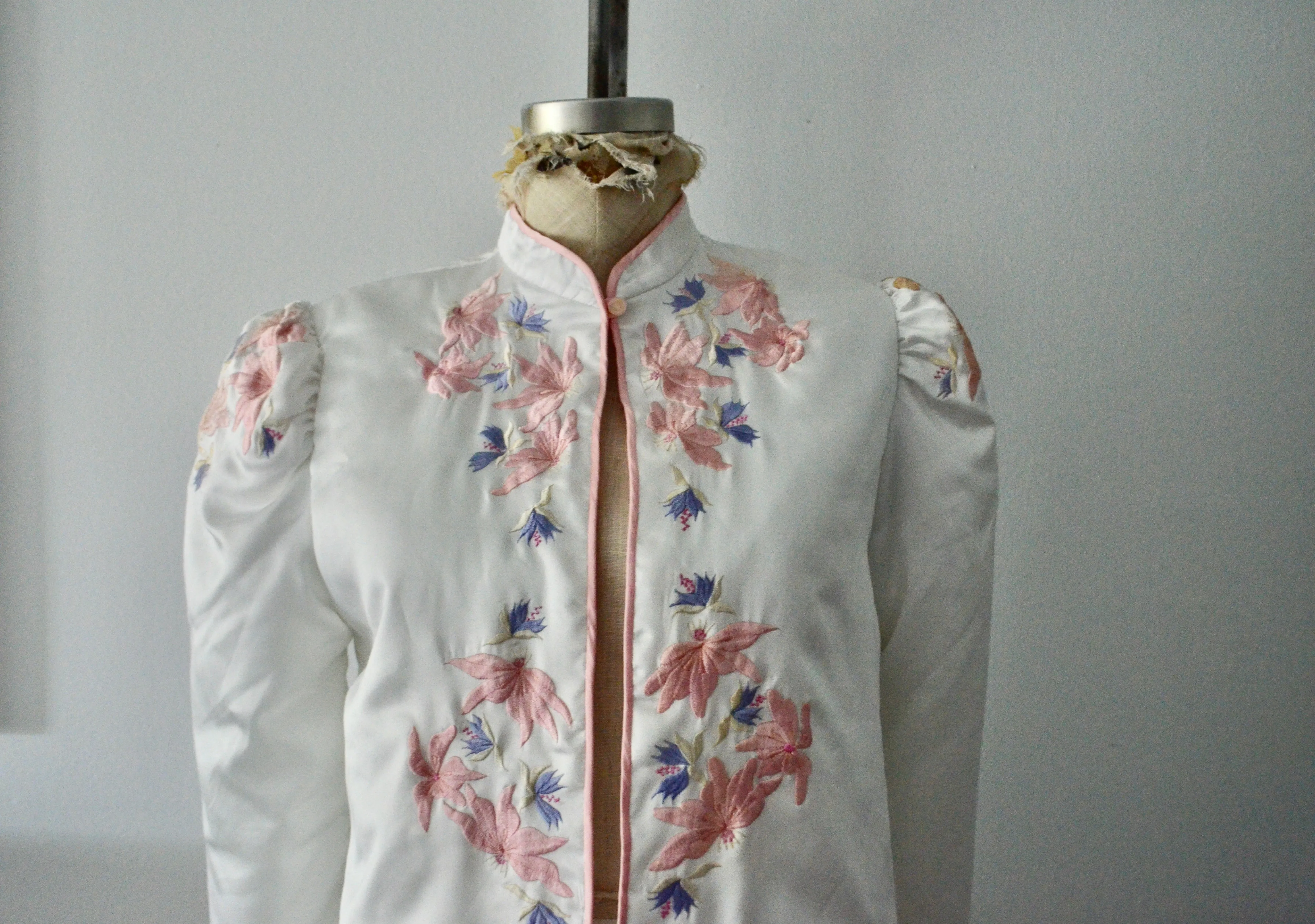 Off White Boho Cropped Puffer Sleeve Quilted Jacket Embroidery Retro Floral