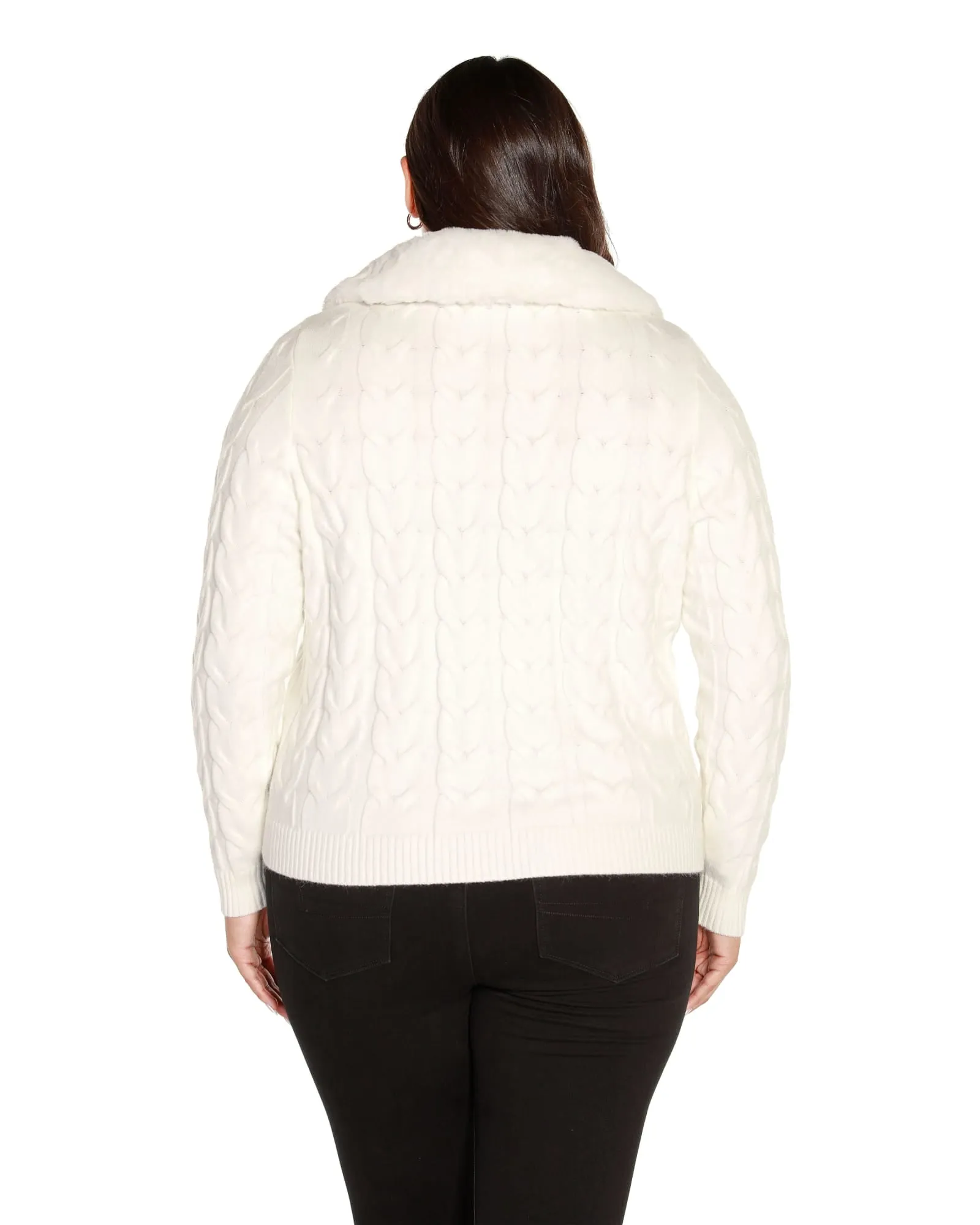 Plus Size Faux Fur Collared Cable Cardigan | Winter White