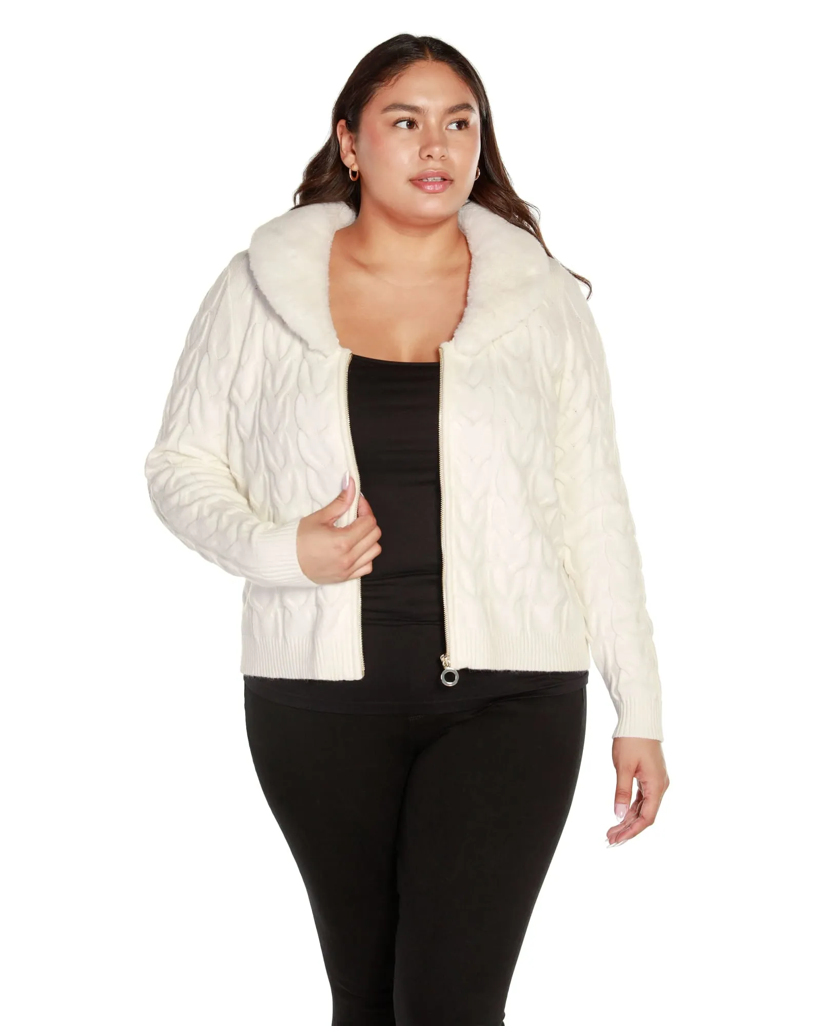 Plus Size Faux Fur Collared Cable Cardigan | Winter White