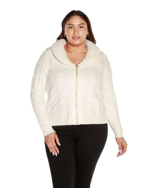 Plus Size Faux Fur Collared Cable Cardigan | Winter White