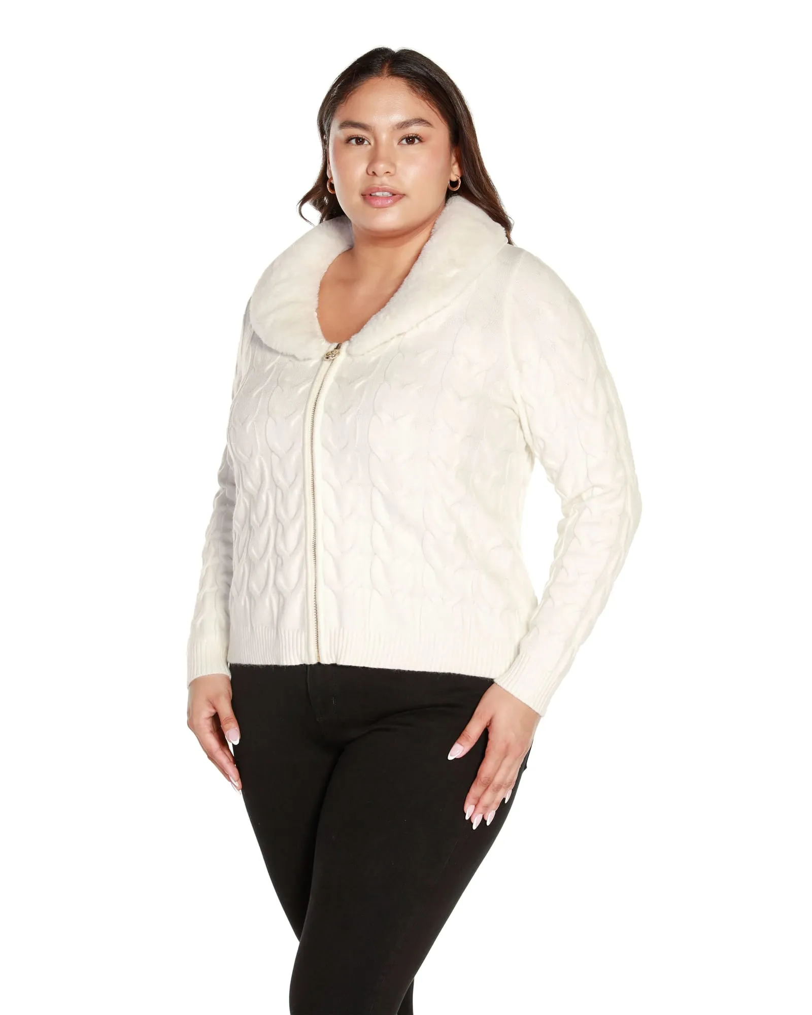 Plus Size Faux Fur Collared Cable Cardigan | Winter White