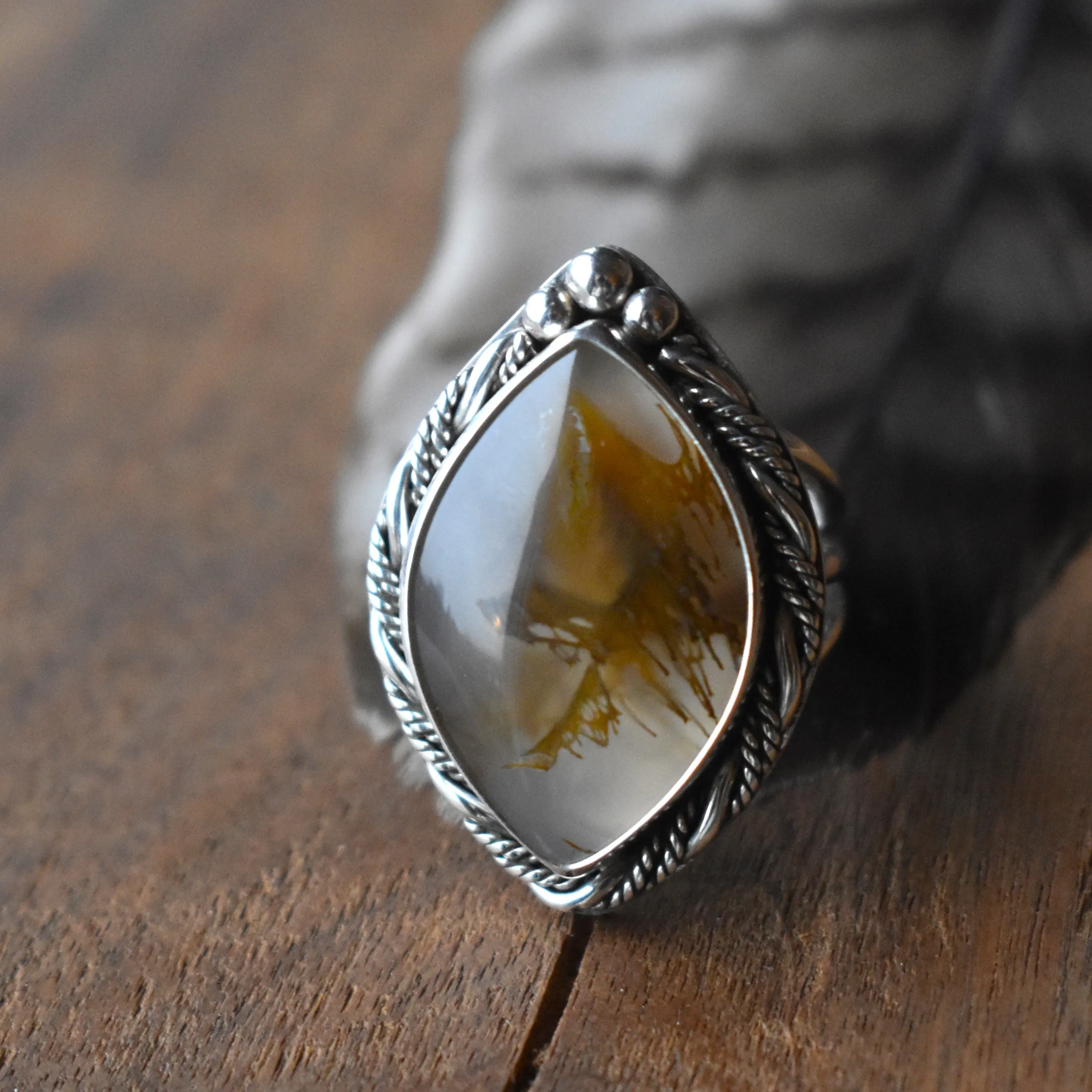 Priday Thunderegg Moss Agate Statement Ring - size 8.5