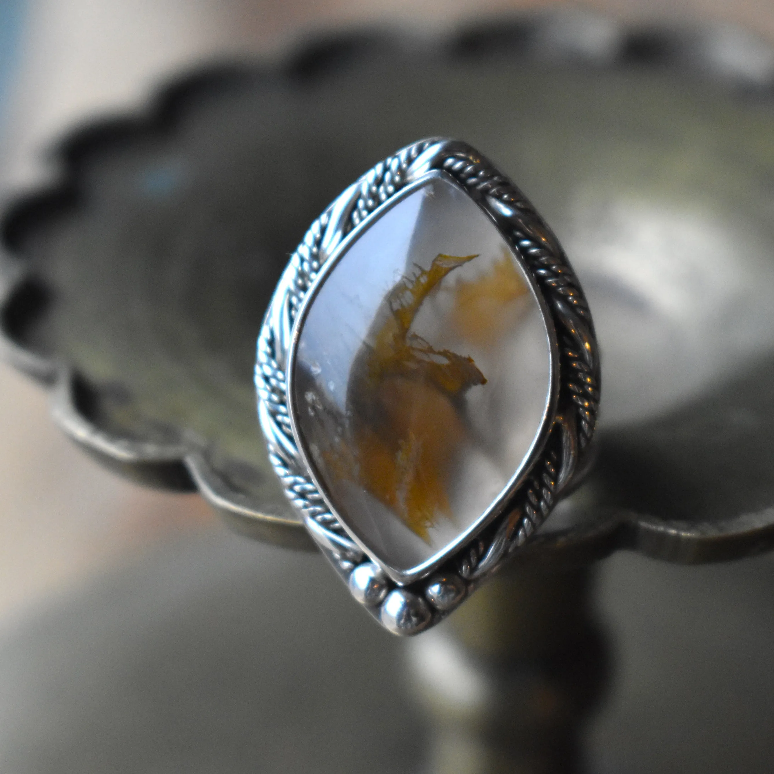 Priday Thunderegg Moss Agate Statement Ring - size 8.5