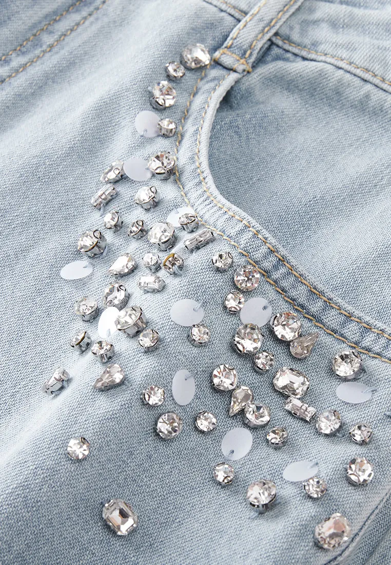 Rhinestone and Sequin Eembellished Straight-leg Jeans