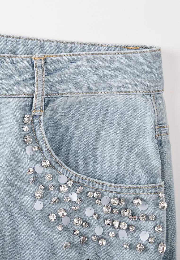 Rhinestone and Sequin Eembellished Straight-leg Jeans