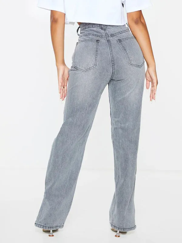 Women's Ripped High Waist Ankle Slits Straight Leg Jeans